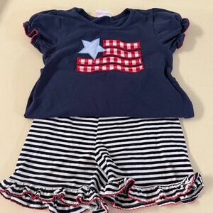 Stitchy Fish Girls Patriotic Flag Gingham Ruffle Short Set Navy Size 7